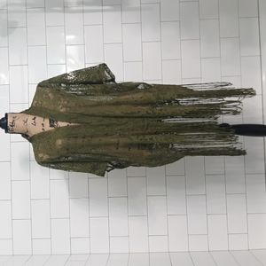 Emerette M green lace short sleeve kimono tunic with fringe sheer wrap coat